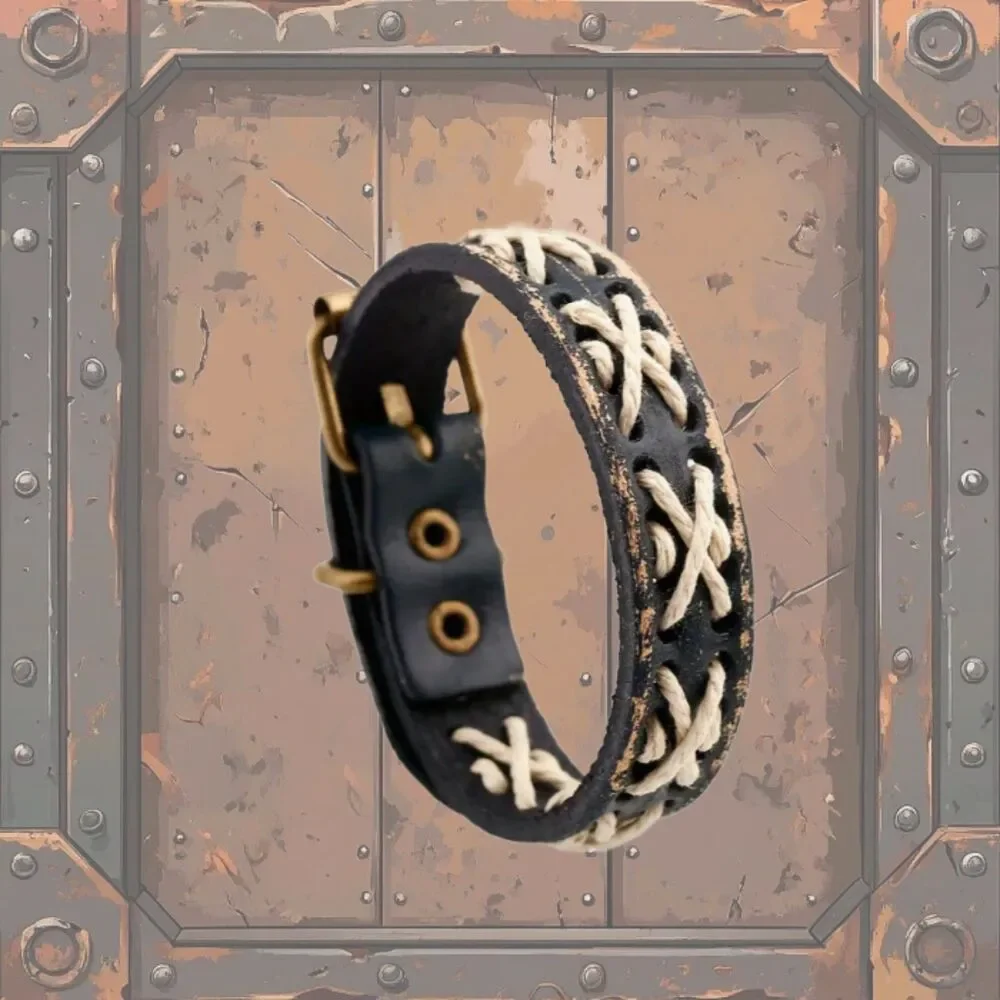 Mens Faux Brown Leather Snap Bracelet Beige X Stitching